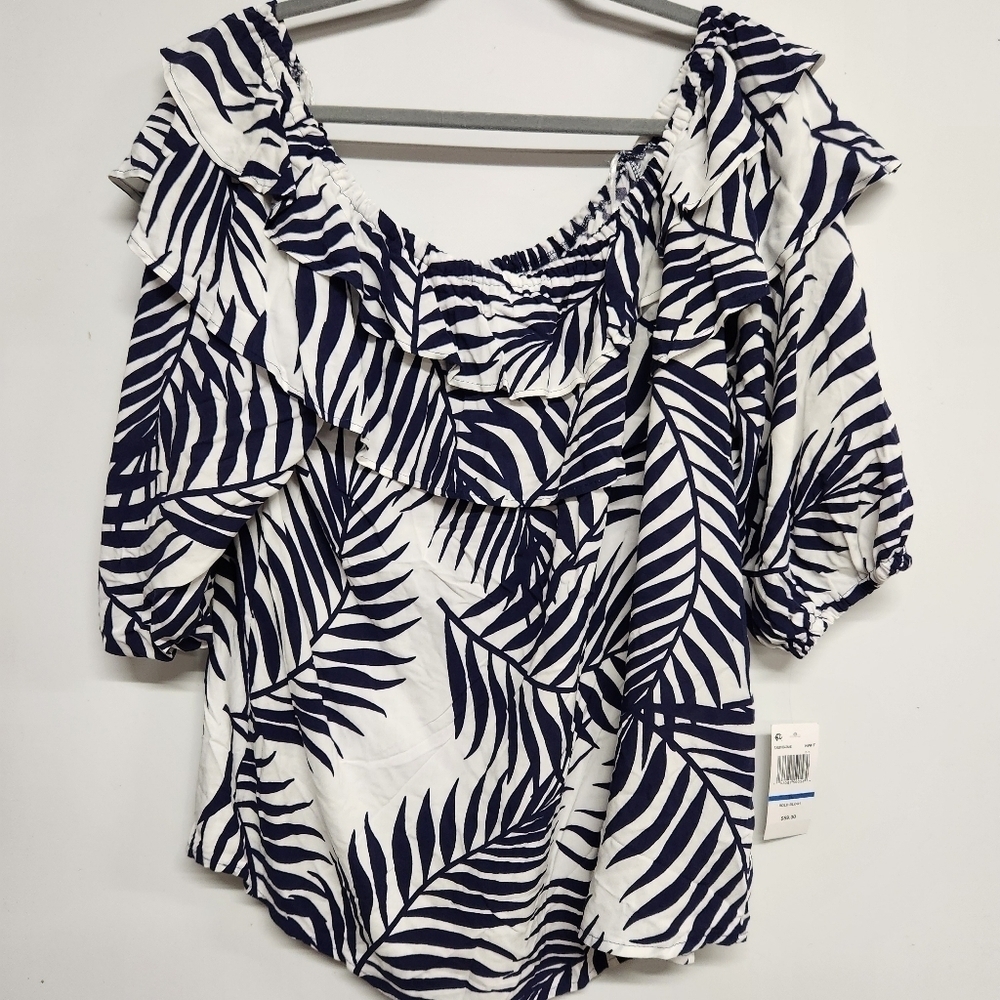 Sam and Jess Ruffle neck short sleeve white navy size XL NWT - Picture 11 of 11